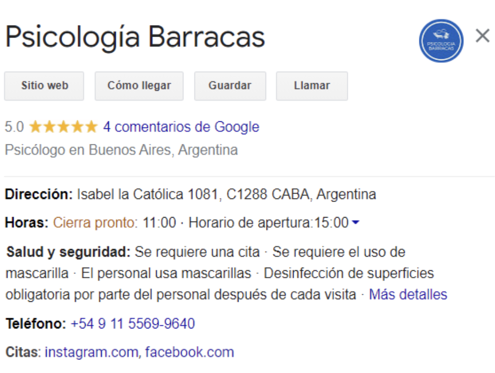 Vista del perfil en Google Maps de una clínica